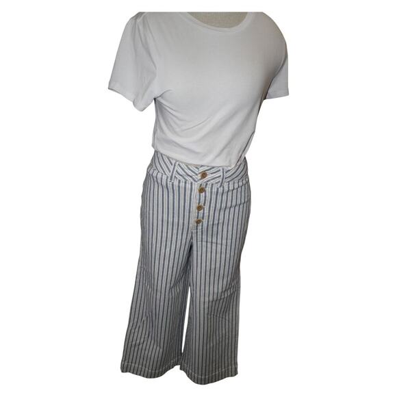 Madewell Striped Wide Leg Crop Pants Blue White Button Fly Cotton Linen Sz 26 - Picture 1 of 10
